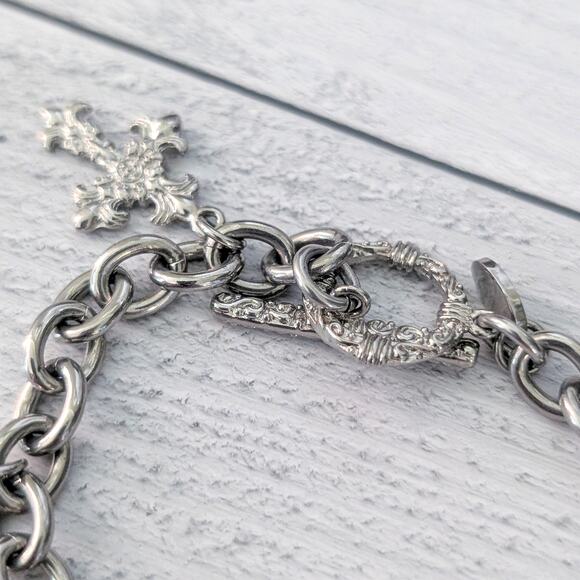 Stainless Steel Bracelet with Ornate Cross Charms - Picture 7 of 8
